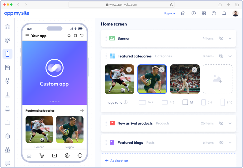 AppMySite's custom mobile app builder