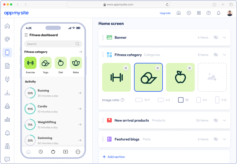 Fitness mobile app builder hero