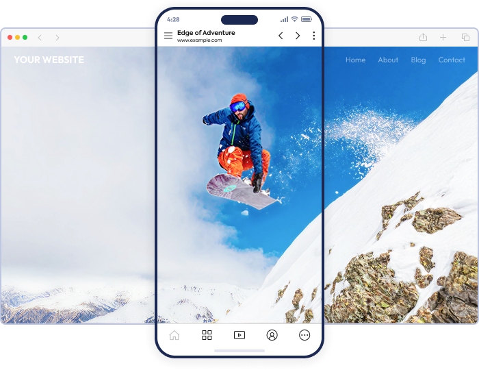 App screen superimposed on a web page, showing smooth web-to-app transition.