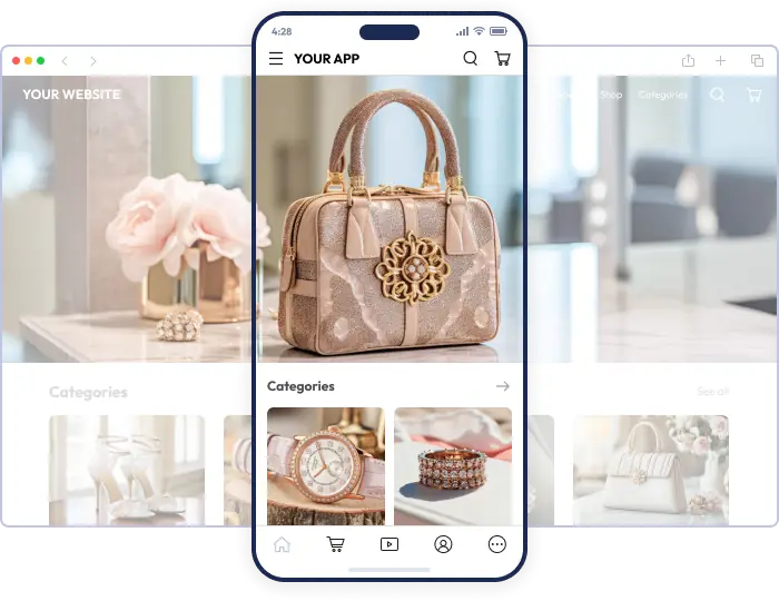 Preview of a WooCommerce-powered mobile app that matches the website design.