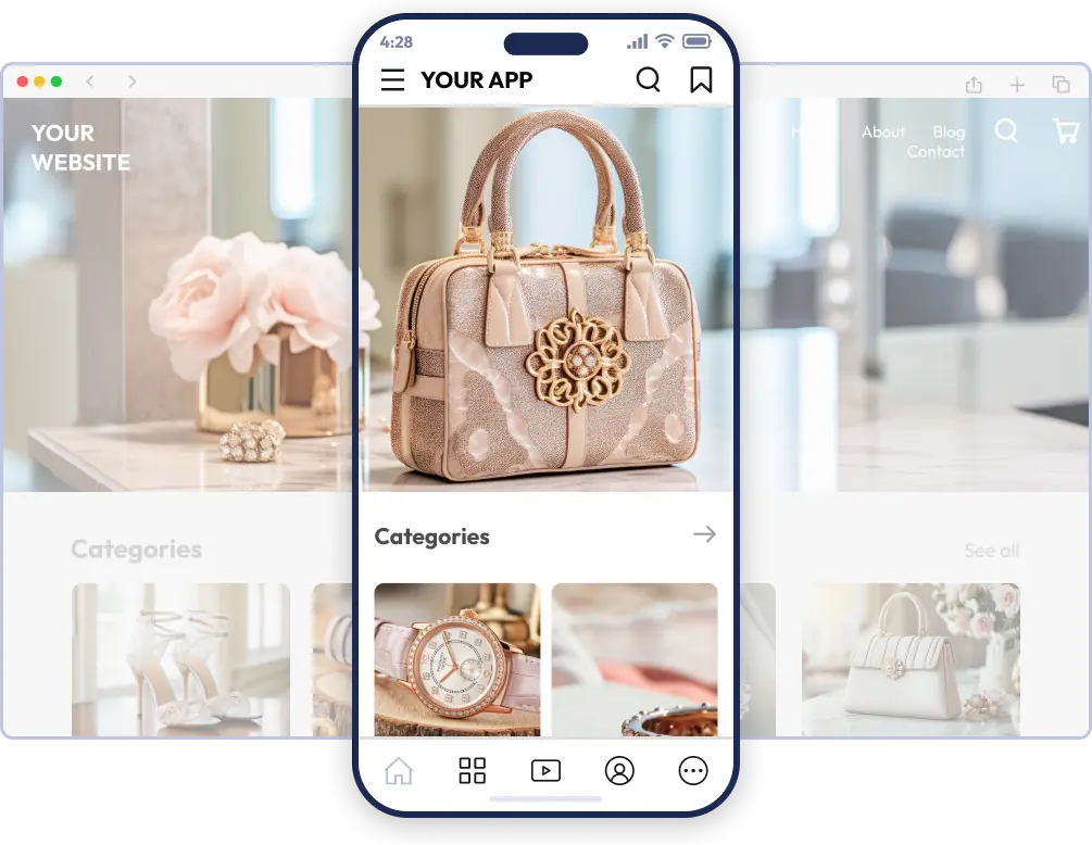 Preview of a WooCommerce-powered mobile app that matches the website design.