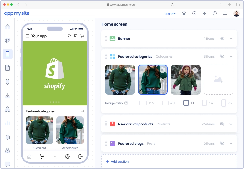 AppMySite's Shopify app builder