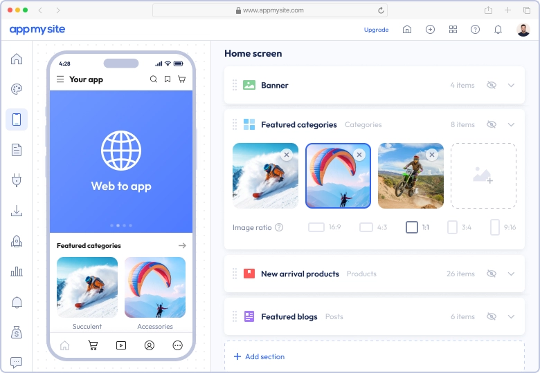 AppMySite's Website to mobile app builder