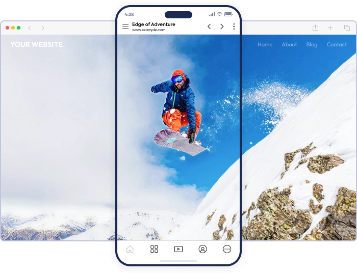 App screen superimposed on a web page, showing smooth web-to-app transition.