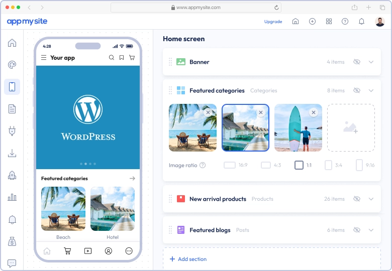 AppMySite’s WordPress app builder