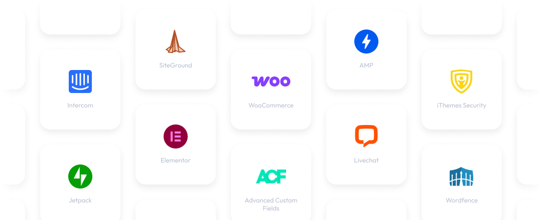 Icons of multiple plugins supported by AppMySite’s WordPress app maker.