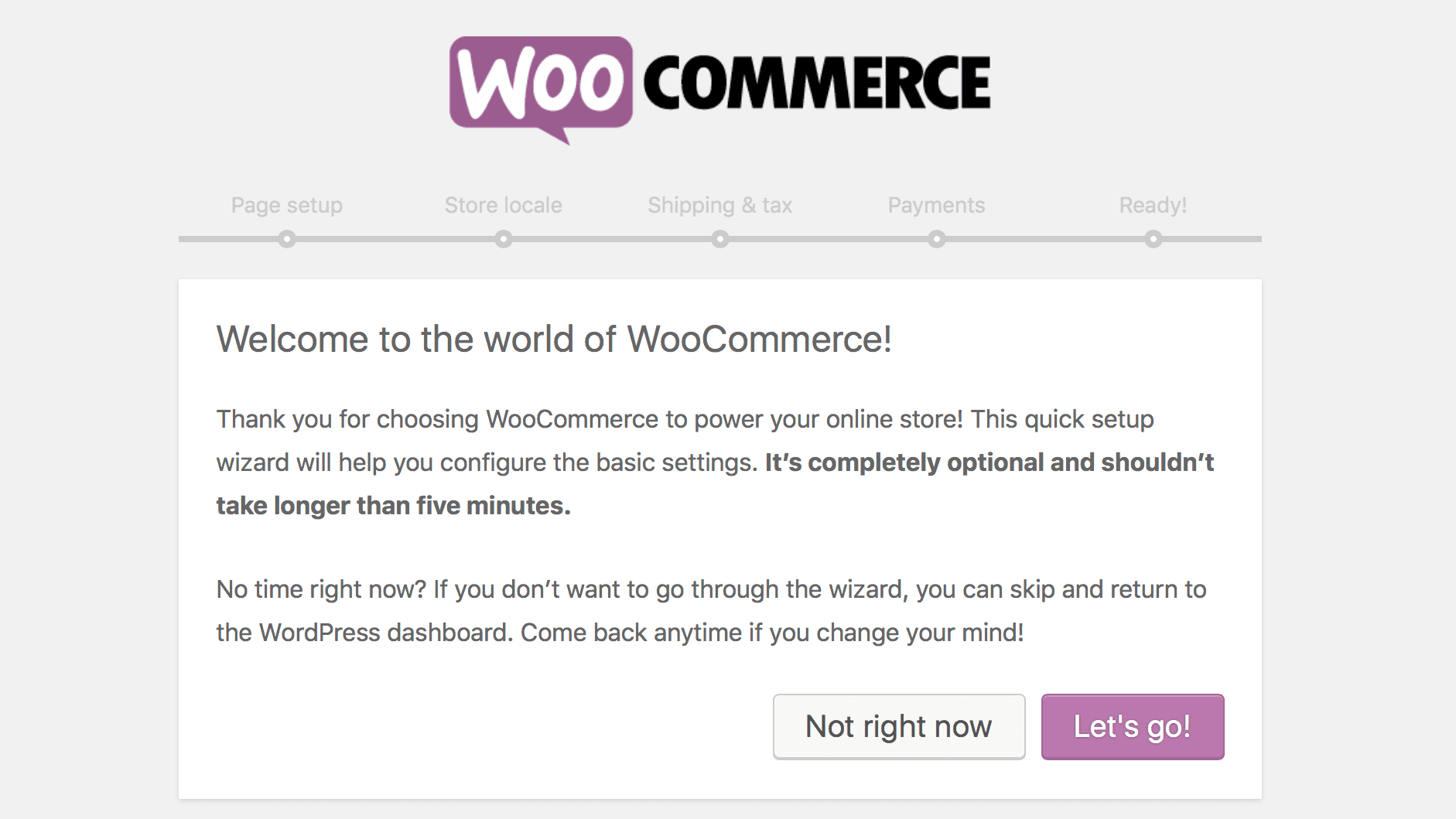 Welcome screen for woocommerce setup wizard